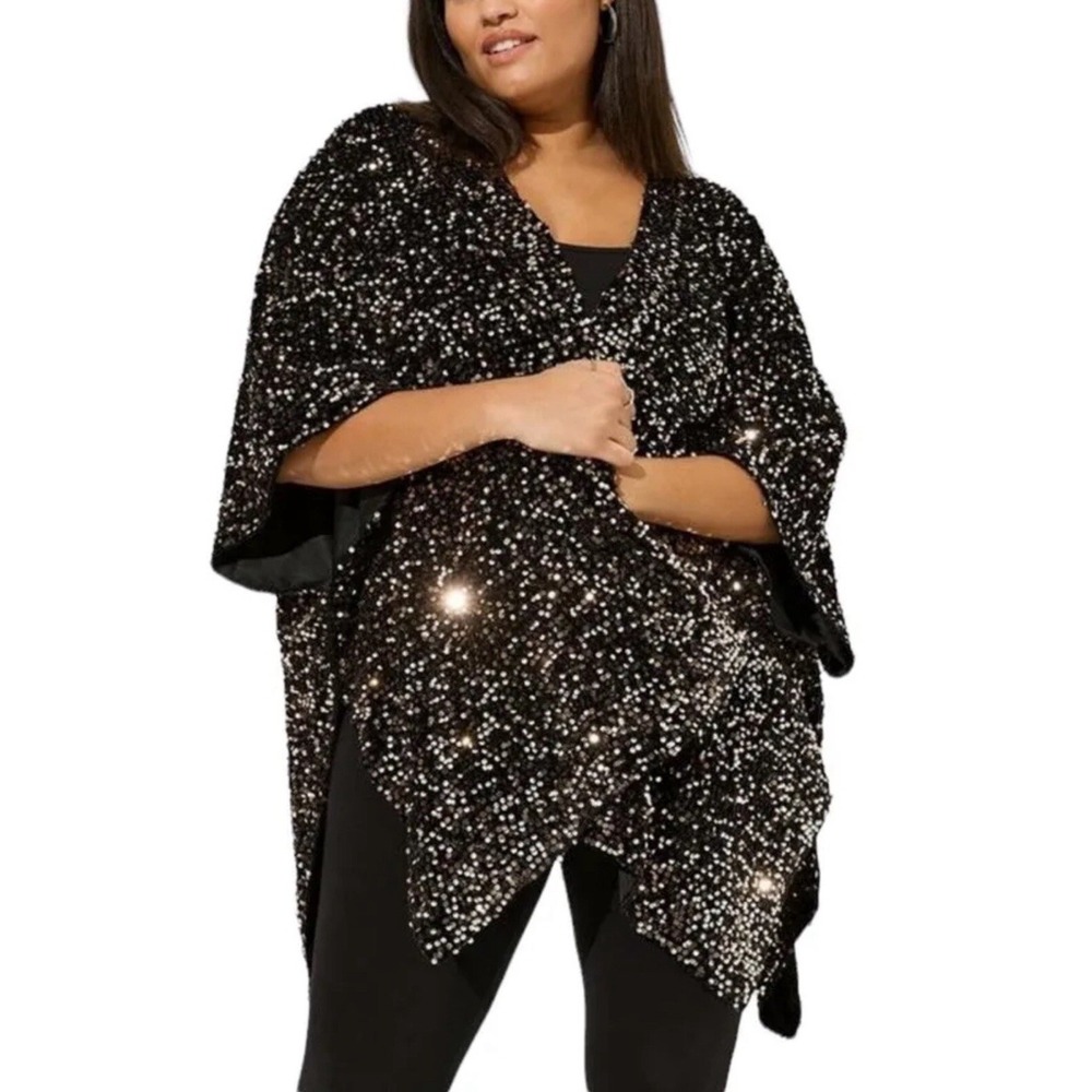 NWT Torrid Woman's Black Gold‎ Sequined Ruana Cover Up Kimono One Size Fits All